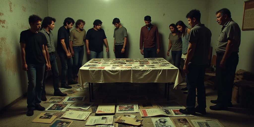 a group of people standing around a table with pictures on it and posters on the ground next to them