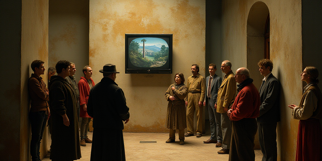 a group of people standing around a building with a tv on the wall and a person holding a cell phone
