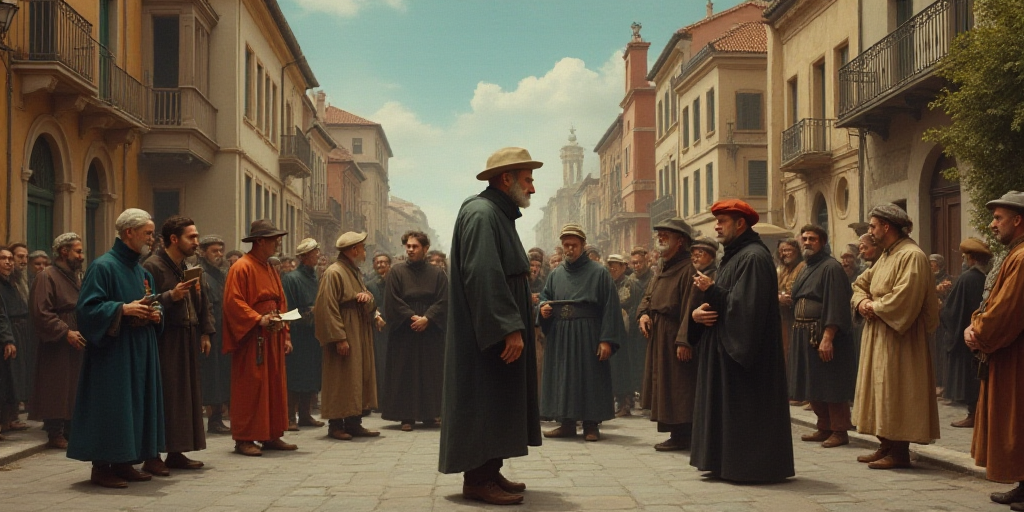 a group of people standing around each other on a street corner with buildings in the background and