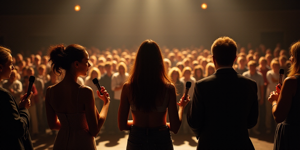 a group of people standing around each other in front of a crowd of people with microphones in their
