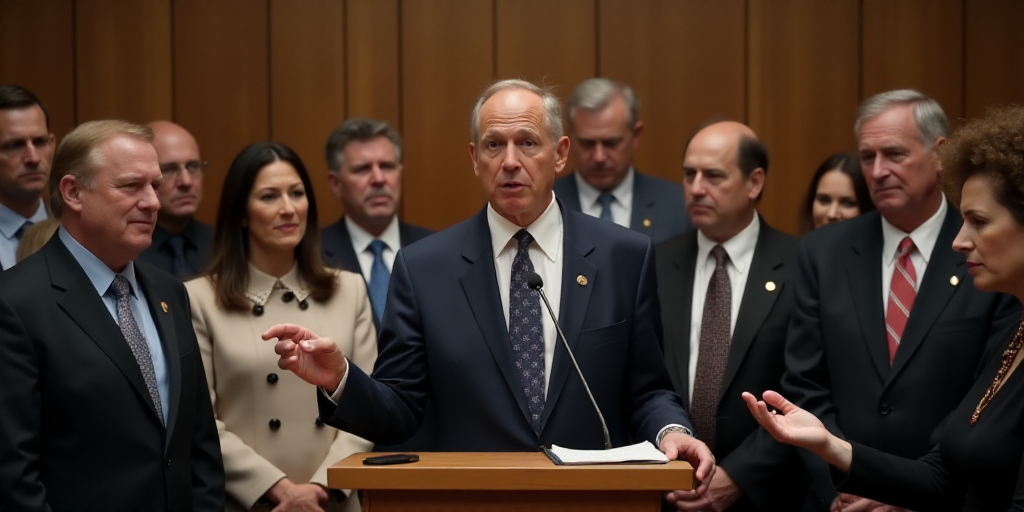a group of people standing around a podium with a man holding a microphone and a woman holding a mic