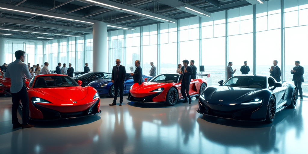 a group of people standing around a bunch of cars in a showroom with people walking around them and