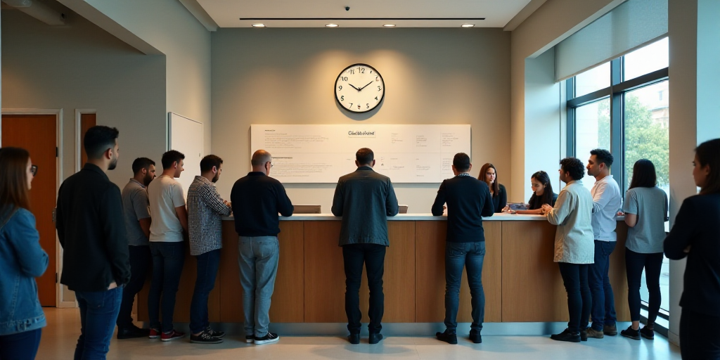 a group of people standing at a counter in a building with a clock on the wall behind it and a man s