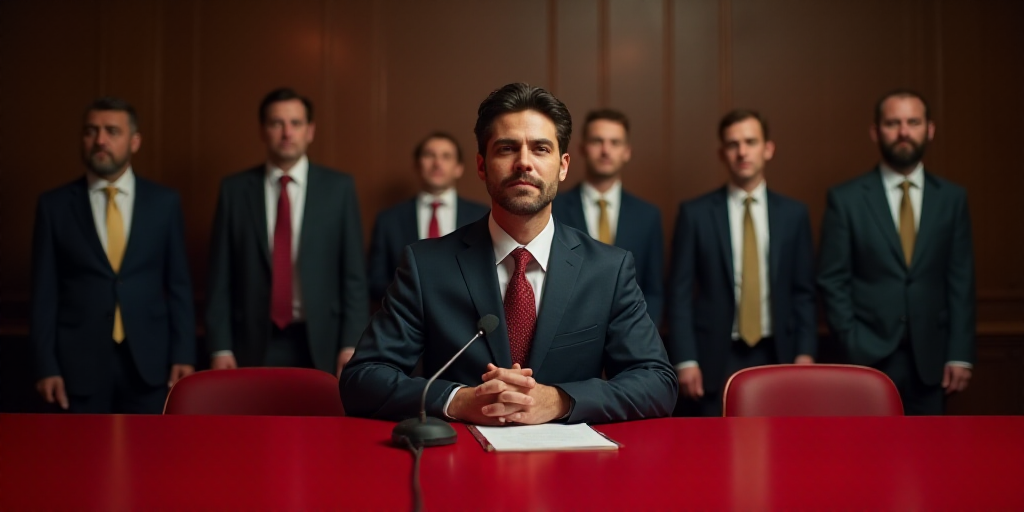 a group of people standing behind a red table with a microphone in front of them and a man in a suit
