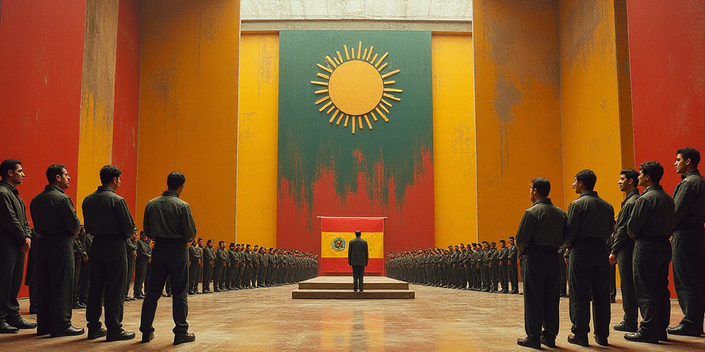 a group of people standing in a room with a flag on the wall and a stage with a flag on it, David Al
