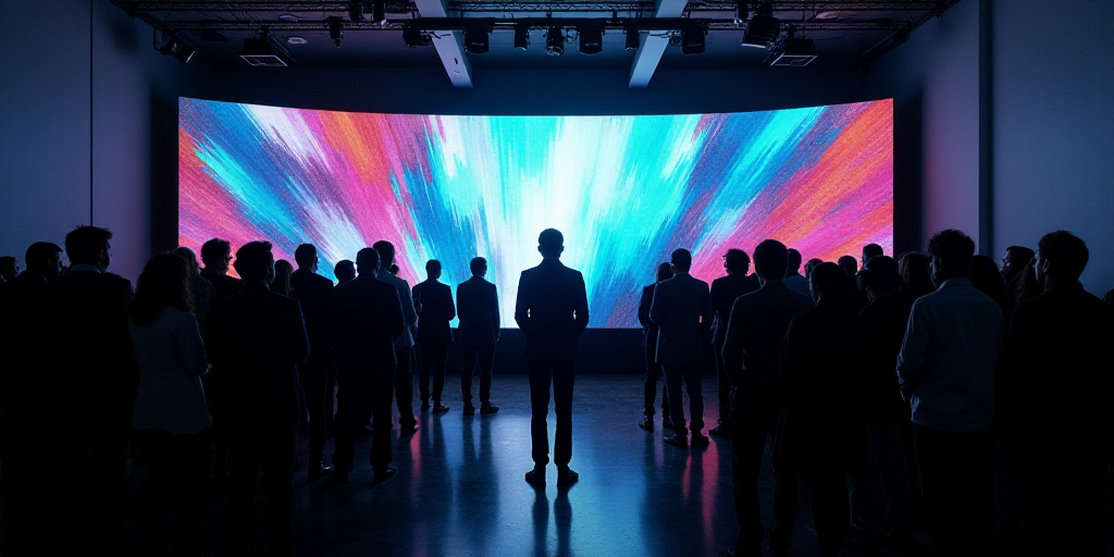 a group of people standing in front of a tv screen in a room with a large screen on it, Carlos Saenz