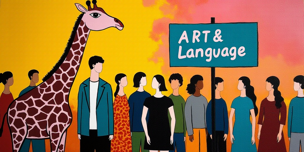 a group of people standing in front of a sign with a giraffe on it's side, Art & Language, maya, a c