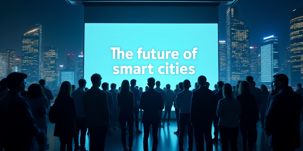 a group of people standing in front of a screen with a screen behind them that says the future of sm