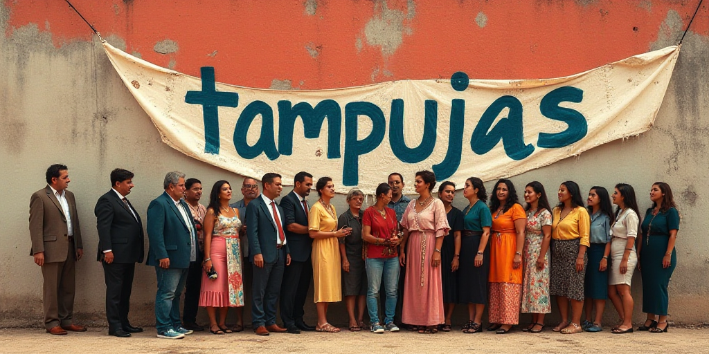 a group of people standing in front of a wall with a banner behind them that says tampujas, David Al