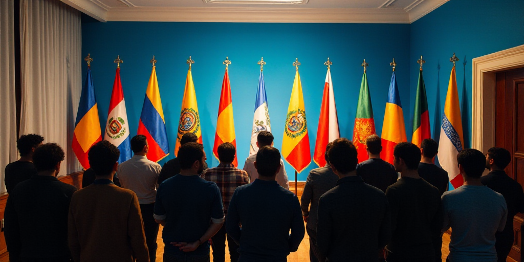 a group of people standing in front of flags in a room with a blue wall and a doorway in the backgro