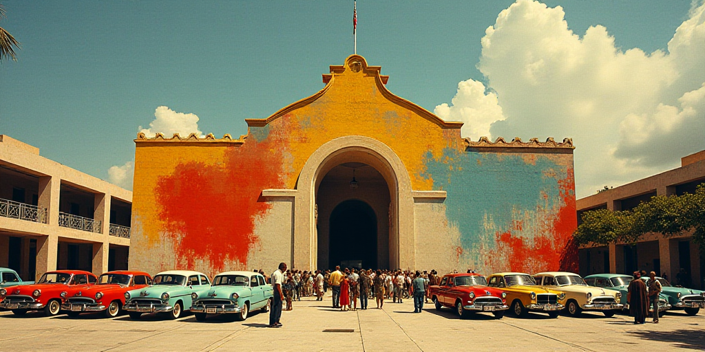 a group of people standing in front of a building with cars parked in front of it and people walking