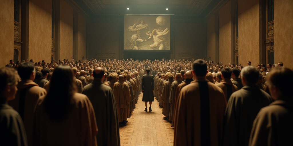 a group of people standing in front of a crowd of people in a room with a screen on the wall, Aracel