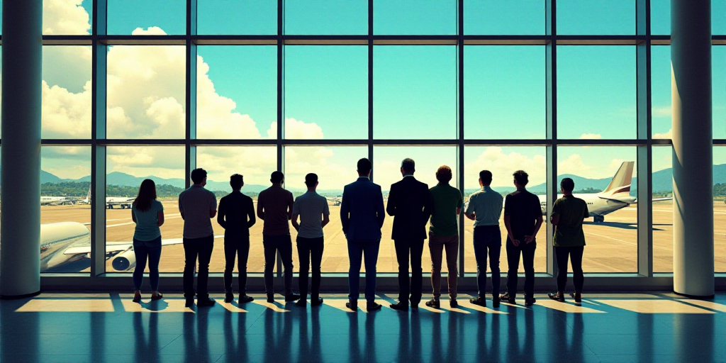 a group of people standing in front of a window looking out at an airport runway and planes on the t