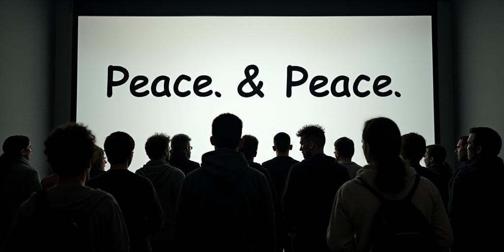 a group of people standing in front of a screen with a message on it that says peace and peace, Edua