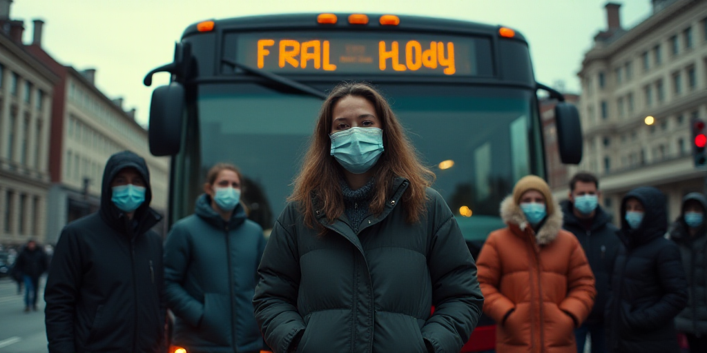a group of people standing in front of a bus wearing face masks and standing in front of a bus, Elbr