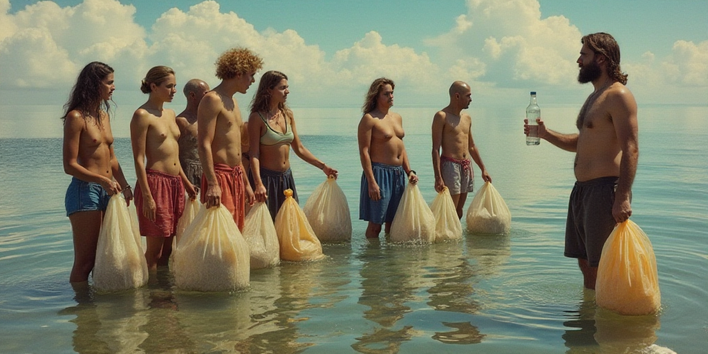 a group of people standing in the water with bags of trash and a man holding a bottle of water, Chri