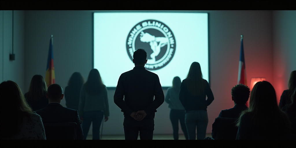 a group of people standing in front of a large screen with a logo on it and a flag behind them, Carl