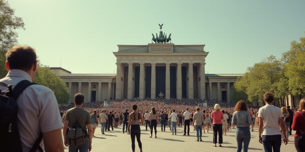 a group of people standing in front of a building with columns and a statue on top of it with a crow