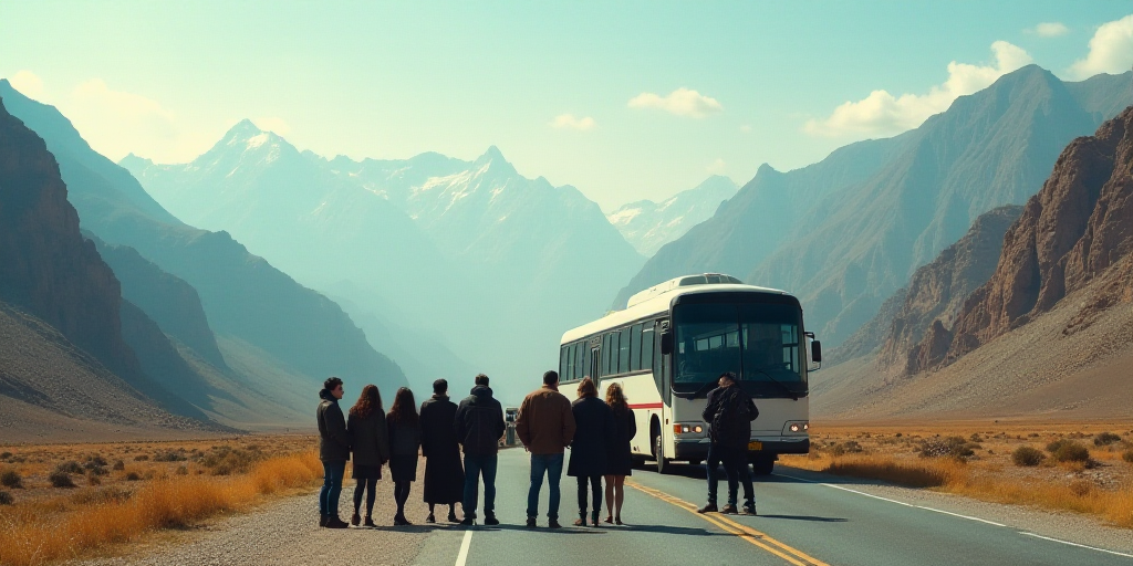 a group of people standing in front of a bus on a road with mountains in the background and a sky, A