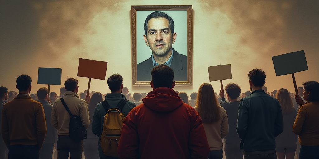 a group of people standing in front of a crowd of people holding signs with a picture of a man on th