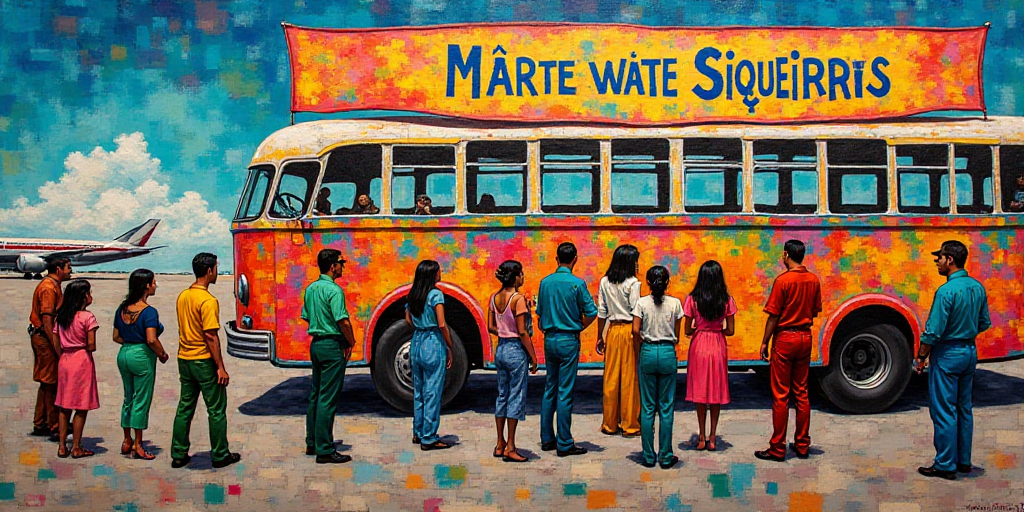 a group of people standing in front of a colorful bus at an airport with a banner in the background,