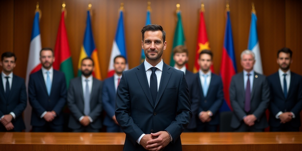 a group of people standing in front of a wooden table with flags behind them and a man in a suit, Ar