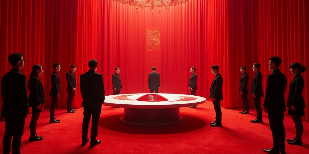 a group of people standing in a room with a red carpet and a white table with a red and black design