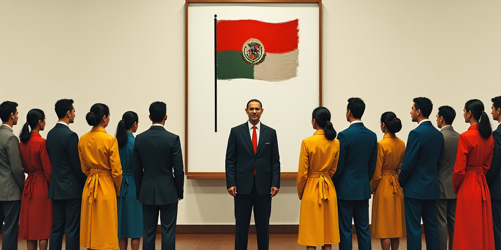 a group of people standing in front of a white board with a flag on it and a man in a suit and tie,