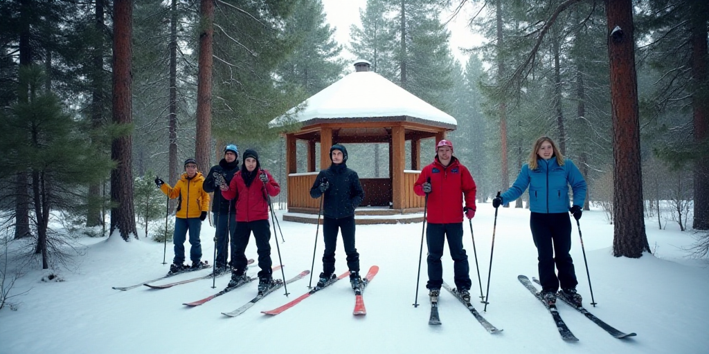 a group of people standing in the woods with skis on their feet and poles in their hands, with a gaz