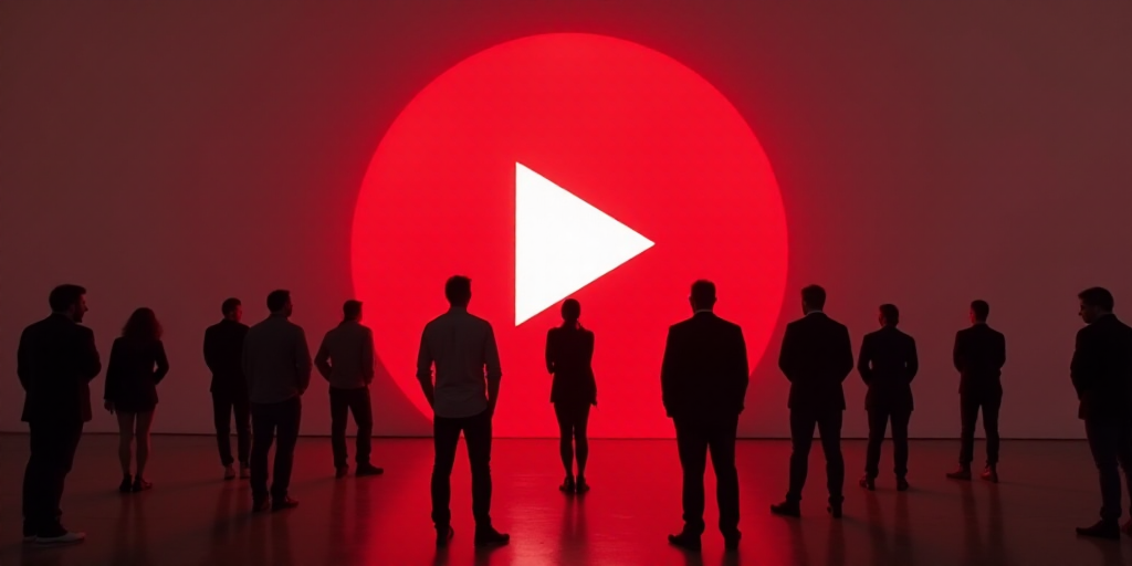 a group of people standing in front of a red play button logo with a white arrow on it's side, Ahmed