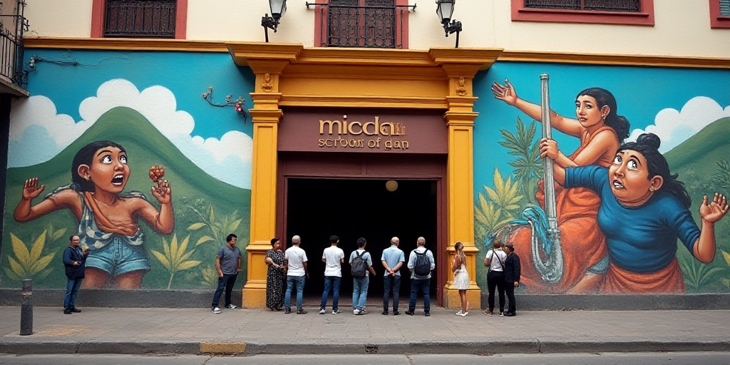 a group of people standing in front of a building entrance with a mural on it's side and a sign that