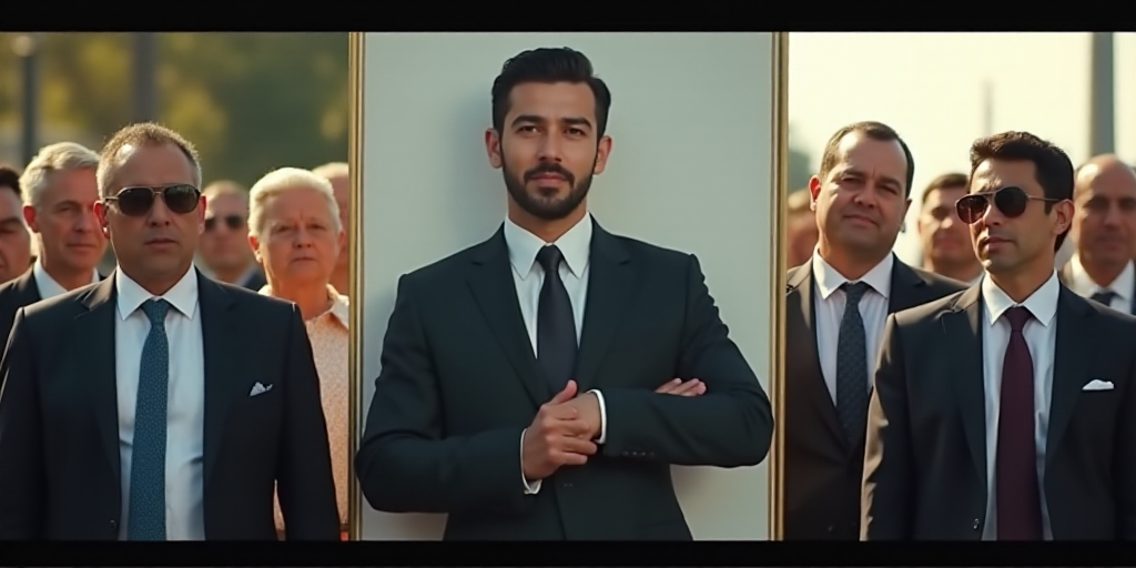 a group of people standing in front of a sign with a man in a suit on it's chest, Aníbal Villacís,