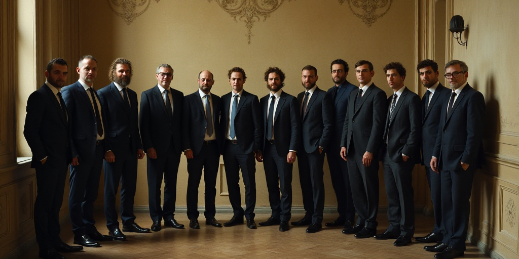 a group of people standing in a hallway together in suits and ties and ties on the wall of a buildin