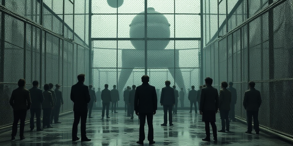 a group of people standing in front of a metal caged area with a large metal structure behind them,