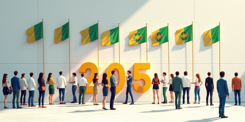 a group of people standing in front of a wall with flags on it and a sign that says proc's brasil 20