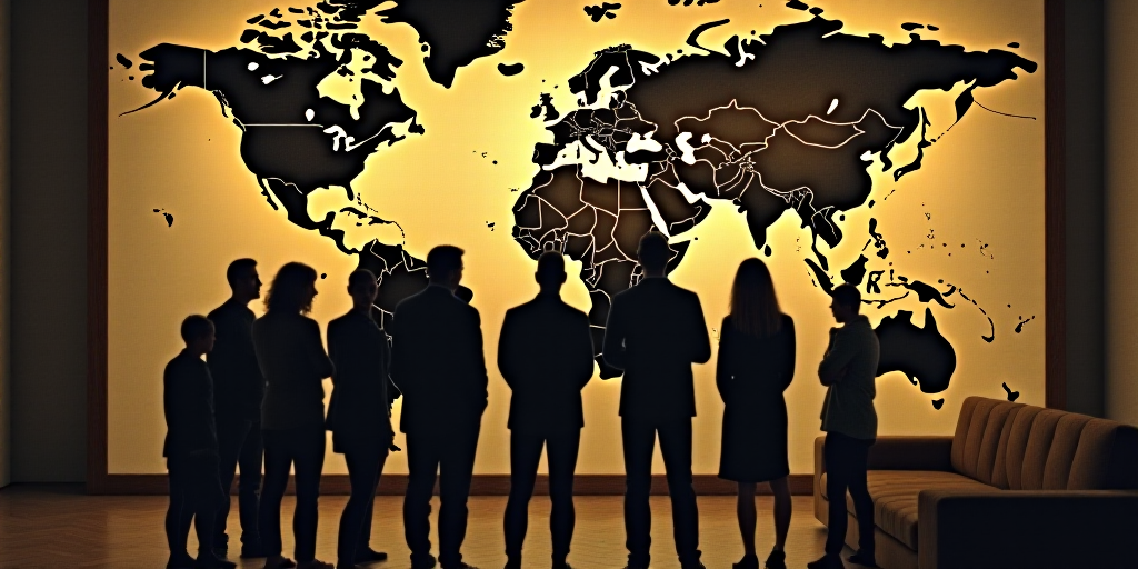 a group of people standing in front of a map of the world on a wall in a room with a couch, Carlos F
