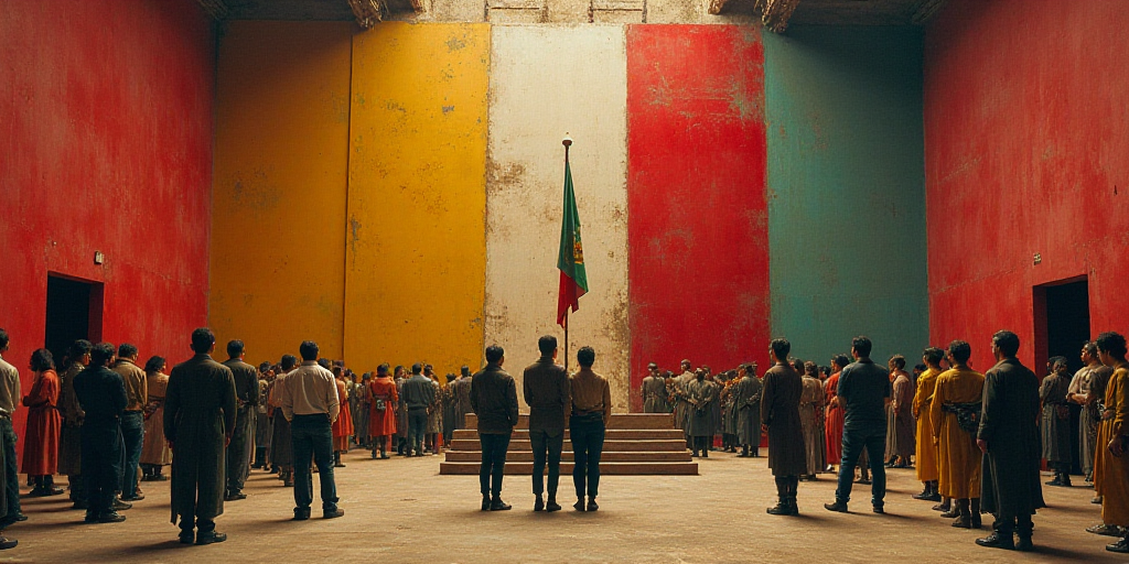 a group of people standing in a room with a flag on the wall and a stage with a flag on it, David Al