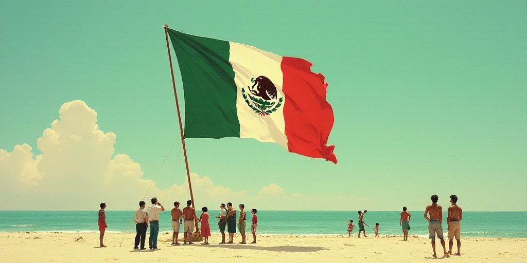 a group of people standing next to a large mexican flag kite on a beach in the ocean with people sta