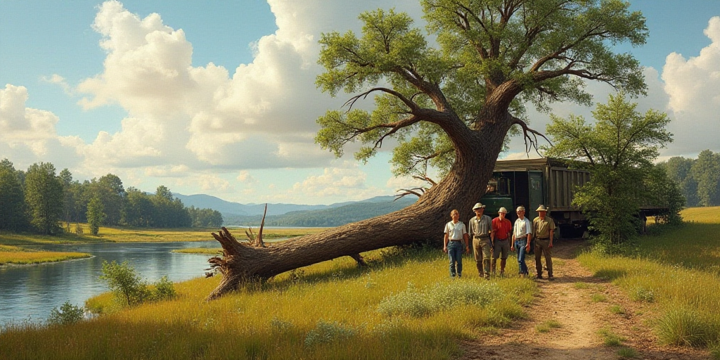a group of people standing next to a fallen tree in a field next to a river with a truck in the back