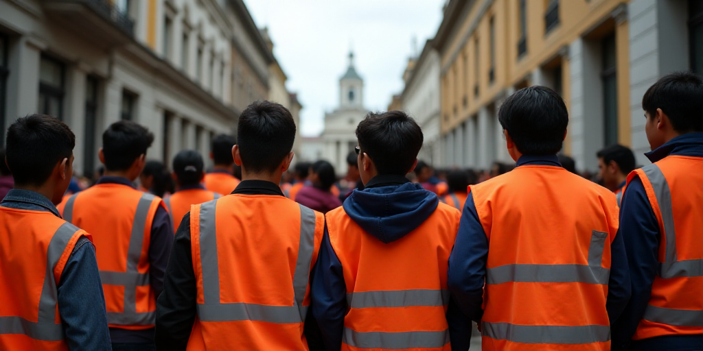 a group of people standing next to each other in front of a crowd of people wearing safety vests, Fe