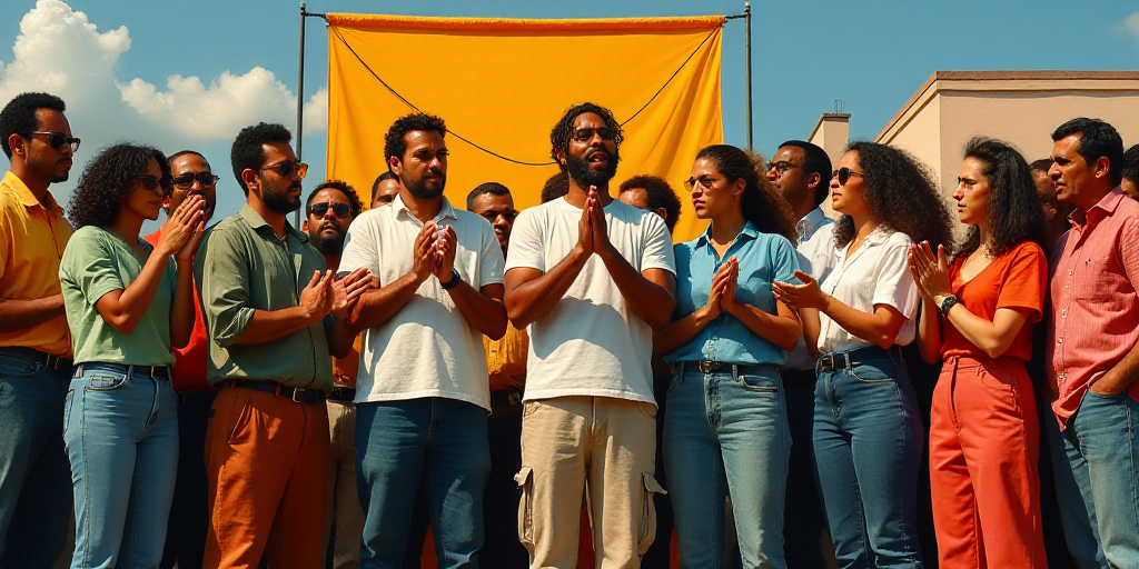 a group of people standing next to each other clapping hands in front of a building with a sign in t
