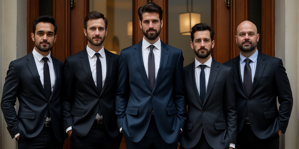 a group of people standing next to each other in suits and ties in front of a wooden door with a gla