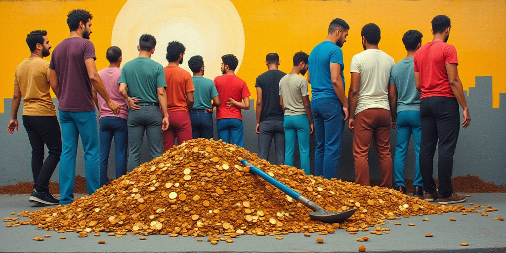 a group of people standing next to a pile of coins and a pile of dirt with a shovel in it, Edi Rama,