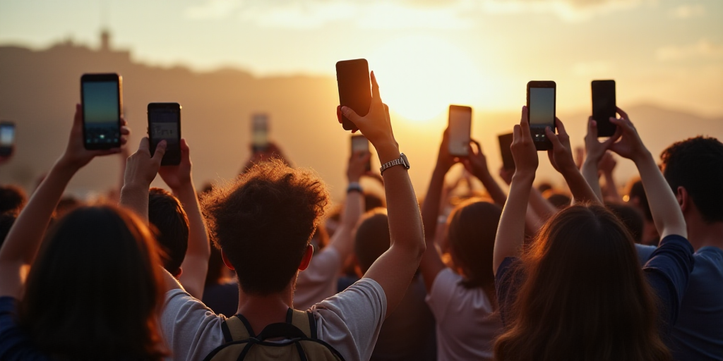 a group of people standing next to each other holding up cell phones in the air with their hands up,
