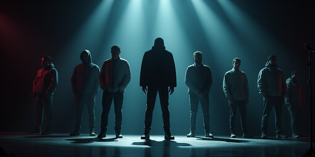 a group of people standing next to each other on a stage with lights on it and a microphone in the b