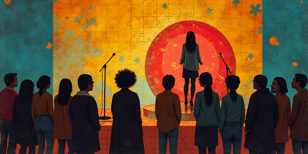 a group of people standing on a stage with a microphone in front of them and a woman standing on the