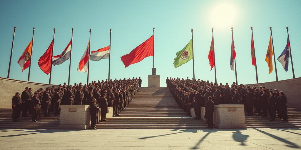 a group of people standing on a set of steps with flags and banners on them and a flag in the middle