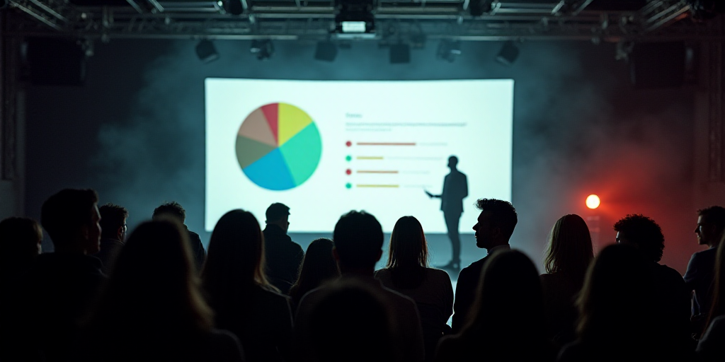 a group of people standing on top of a stage next to a projector screen with a pie chart on it, Alla