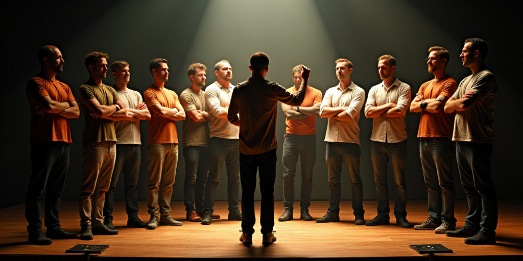 a group of people standing on a stage with their arms crossed in front of them and a man pointing at