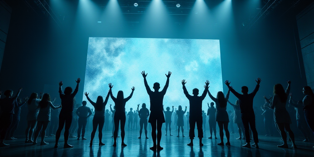 a group of people standing on a stage with their hands up in the air and a man standing on the side
